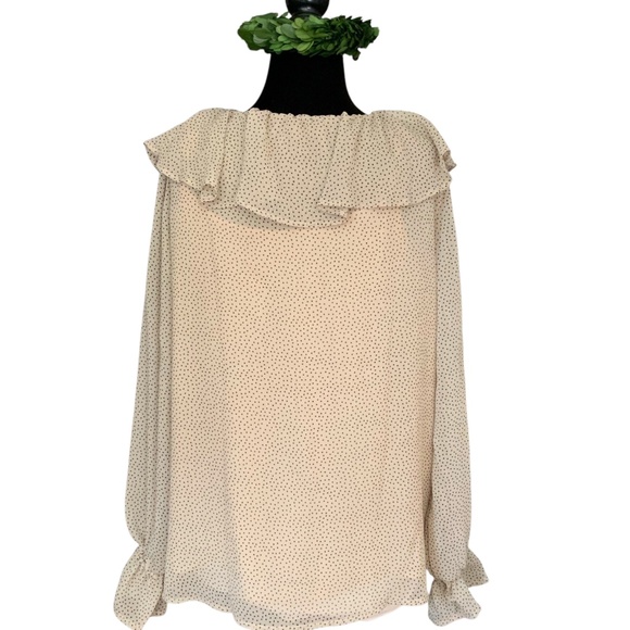 Loft Dotted Cream Beige V Neck Ruffle Lined Long Sleeve Crepe Career Blo… - Picture 5 of 14